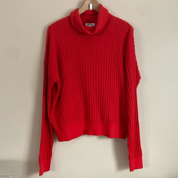 Reiss - Clarisse Red Ribbed Turtleneck Cotton Wool Blend Pullover Sweater - Picture 2 of 8